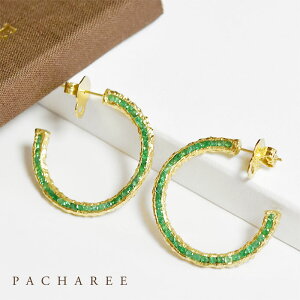 ≪PACHAREE≫ パシャリー 天然石 エメラルド グリーン フープピアス 18金仕上げ Silh Emeralds Earrings (Gold) レディース ギフト ラッピング