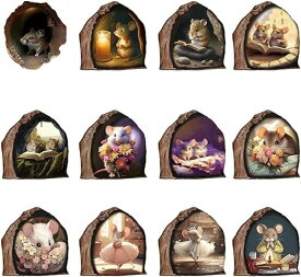 ウォールステッカー 動物 可愛い 3D感マウスホールウォールステッカー 12 個の楽しいアート壁装飾ステッカー デカール PVC 面白い愛らしいピールアンドスティックマウスの穴デカール子供部屋、教室、寝室、本棚、リビングルーム保育園用