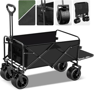 アウトドアワゴン【2024強化版 後部展開可】 耐荷重200KG キャリーワゴン キャリーカート キャンプカート 長物対応 取り外し可能タイヤ 大型タイヤ ブレーキ付き 折りたたみ ワンタッチ収束